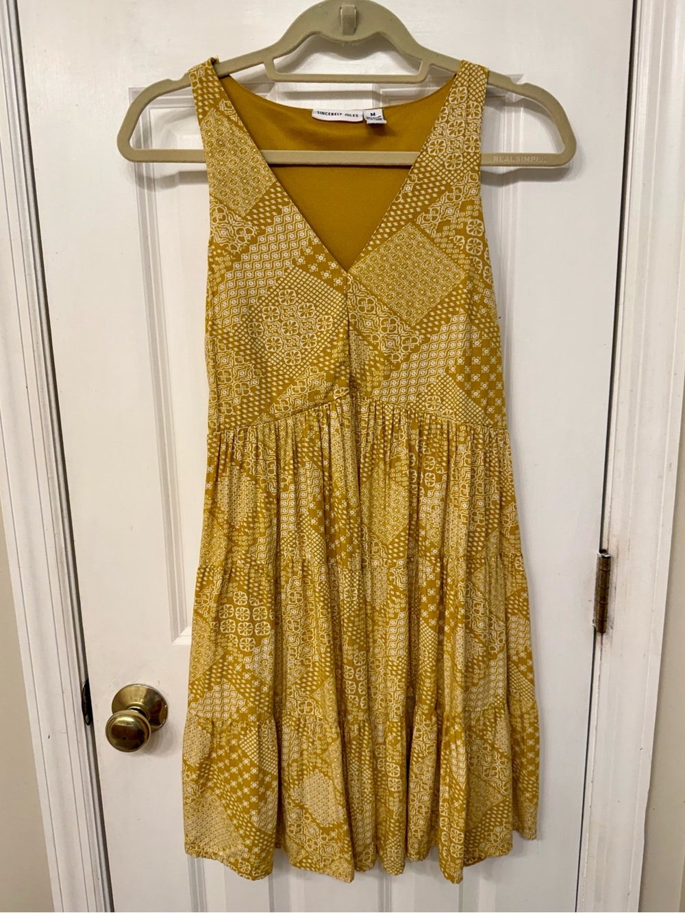 NWOT Sincerely Jules Mustard Yellow Patchwork Ruffle Tiered V-Neck Mini Dress